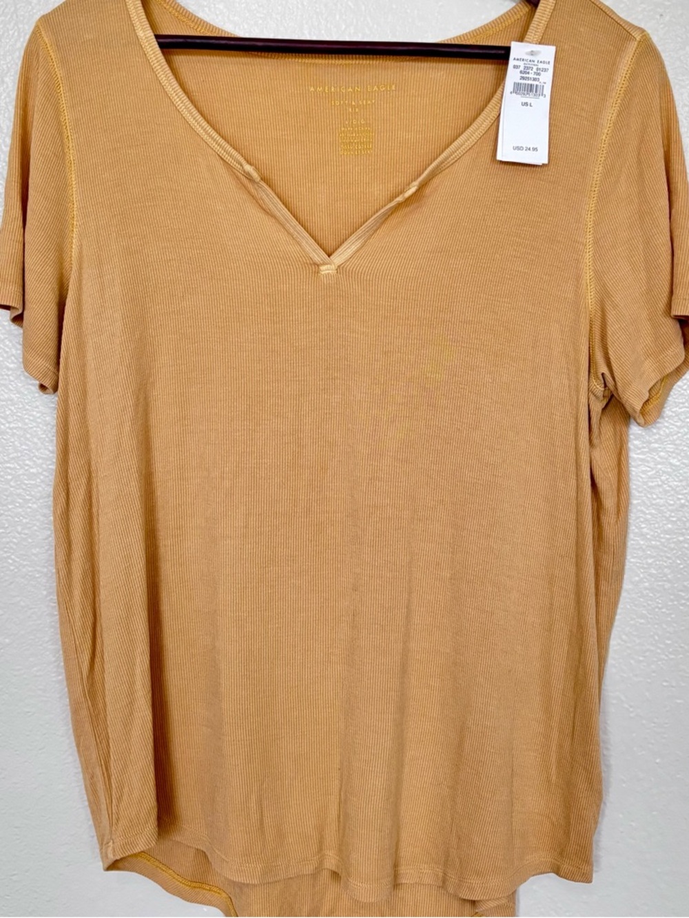 American Eagle Soft & Sexy Rib Tee Womens Large Tan V Neck NWT Stretch Basic